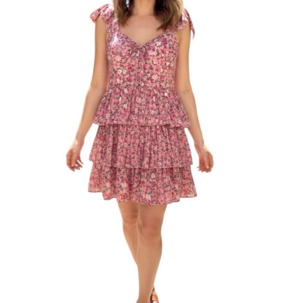 Stella Dallas Pink Floral Wide Strap Layered Cottegecore Chic Dress Size Large